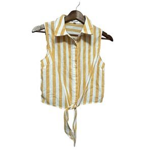 After Market Yellow‎ White Stripe Sleeveless Tie Front Collared Shirt Size M